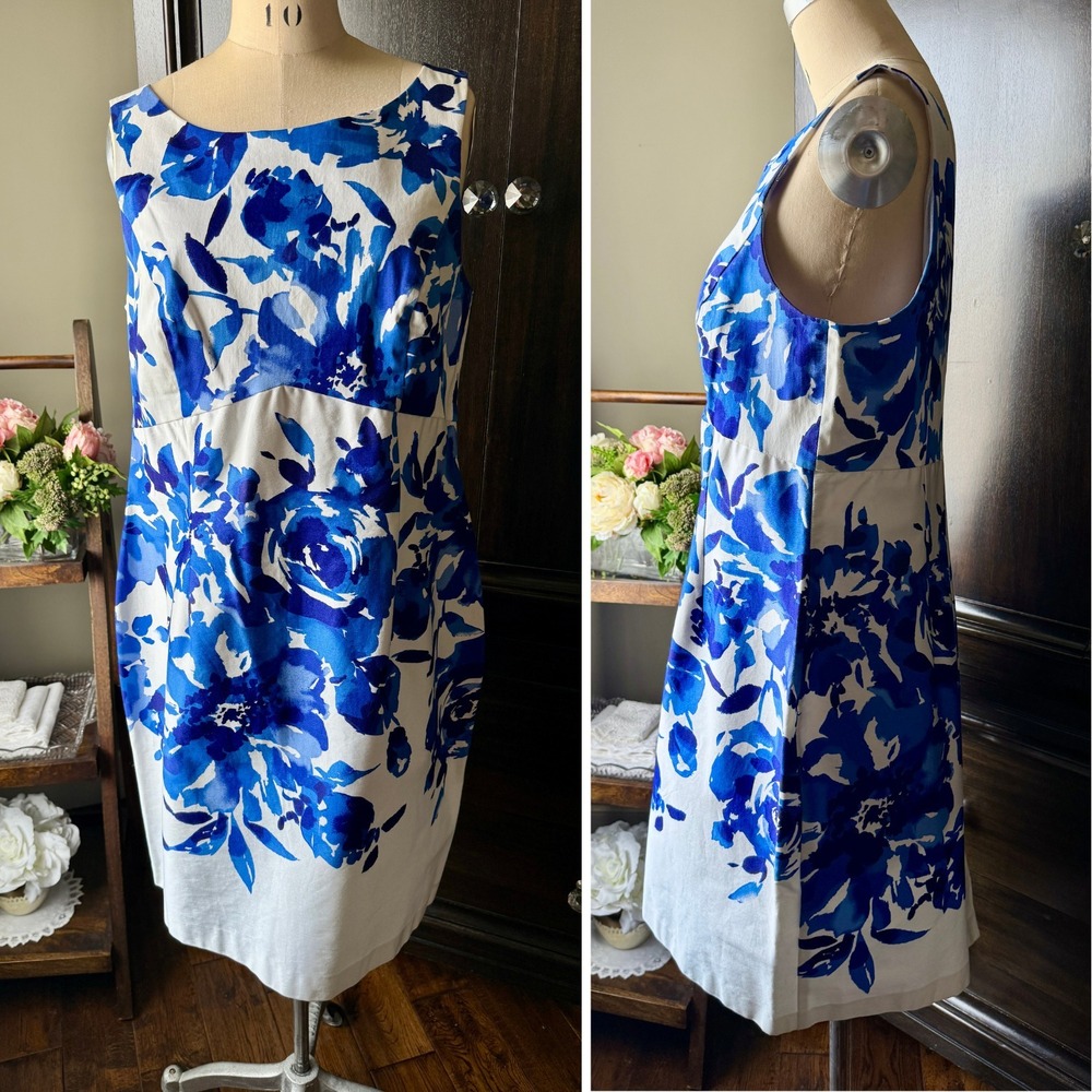 JS‎ Collections Dress Blue White Floral Sleeveless Sheath Knee Length Womens 16